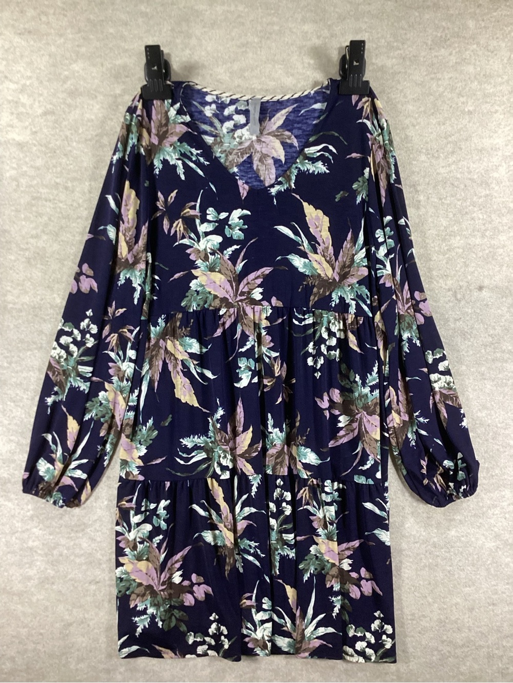 Honeyme Navy Floral Midi Dress with Pastel Green & Lavender Print - Picture 2 of 6